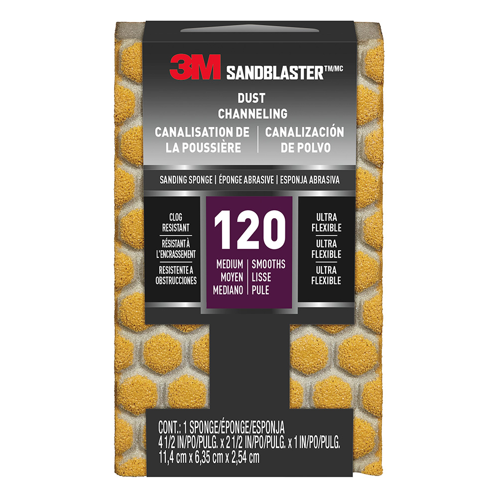 3M 39372, SandBlaster DUST CHANNELING Sanding Sponge, 20908-120-UFS ,120 grit, 4-1/2 in x 2-1/2 x 1 in, 7010336777