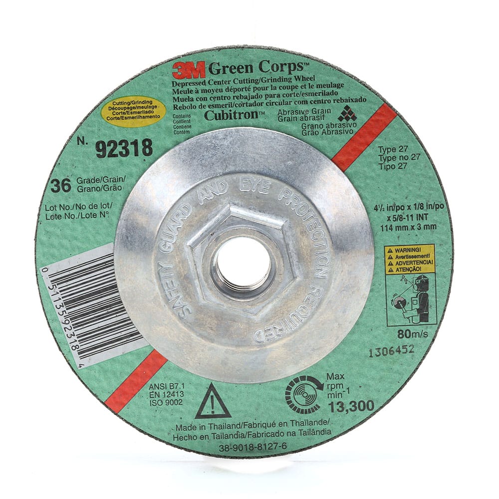 3M 92318, Green Corps Cutting/Grinding Wheel, T27, 4-1/2 in x 1/8 in x 5/8-11 Internal, 36, 7010325744, 40 per case