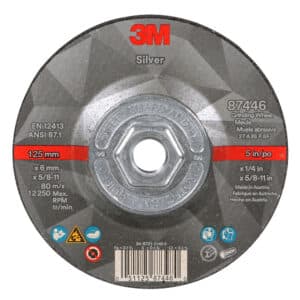 3M 87446, Silver Depressed Center Grinding Wheel, T27 Quick Change, 5 x 1/4 x 5/8-11 in, 7010412149, 20 per case