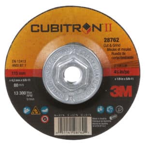 3M 28762, Cubitron II Cut and Grind Wheel, T27 Quick Change, 4 1/2 in x 1/8 in x 5/8-11 in, 7100018882, 20 per case