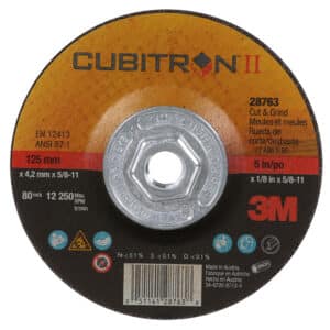 3M 28763, Cubitron II Cut and Grind Wheel, Type 27 Quick Change, 5 in x 1/8 in x 5/8"-11, 7100018883, 20 per case