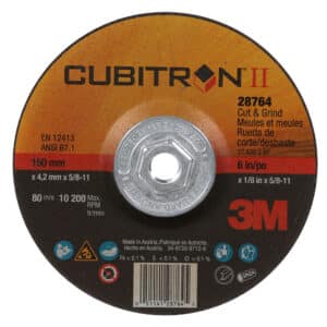 3M 28764, Cubitron II Cut and Grind Wheel, Type 27 Quick Change, 6 in x 1/8 in x 5/8"-11, 7100019069, 20 per case
