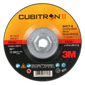 3M 64317, Cubitron II Depressed Center Grinding Wheel, Quick Change, Type 27, 5 in x 1/4 in x 5/8"-11, 7100103025, 20 per case