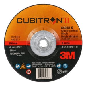 3M 64318, Cubitron II Depressed Center Grinding Wheel, Quick Change, Type 27, 6 in x 1/4 in x 5/8"-11, 7100103318, 20 per case