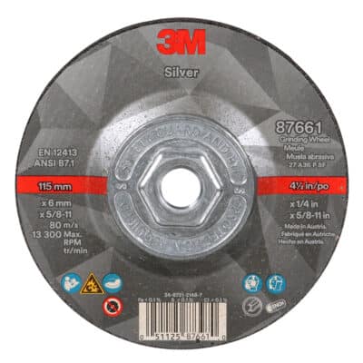 3M 87661, Silver Depressed Center Grinding Wheel, DCGW, T27 Quick Change, 4.5 in x 1/4 in x 5/8-11 in, 7100147340, 10 per case