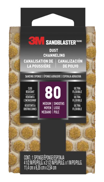 3M 39373, SandBlaster DUST CHANNELING Sanding Sponge, 20908-80-UFS, 80 grit, 4-1/2 in x 2-1/2 x 1 in, 7100074383