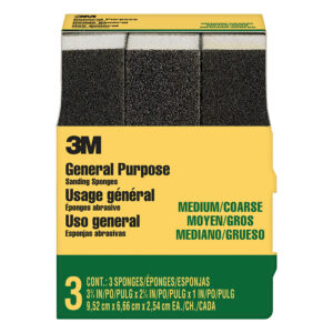 3M 90267, General Purpose Sanding Sponge 909NA-3P-CC, 3-3/4 in x 2-5/8 in x 1 in, Dual Grit, Medium/Coarse, 7010312225, 3 sponges/pack