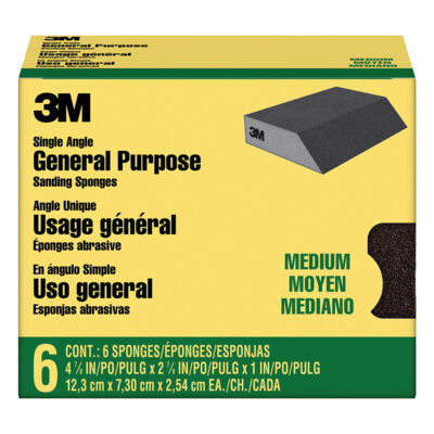 3M 03140, General Purpose Sanding Sponge CP041-6P, Single Angle, 2-7/8 in x 4-7/8 in x 1 in, Medium, 7100101537, 6/pack