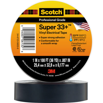 3M 10141, Scotch Vinyl Electrical Tape 33, 1 in x 36 yd, Black, 7000057498
