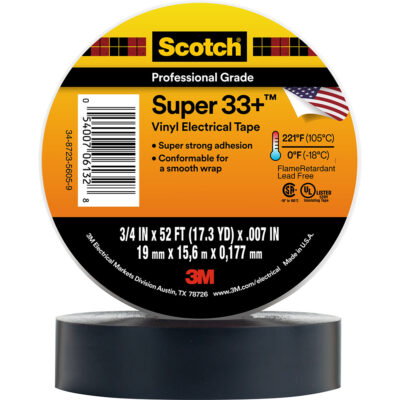 3M 06133, Scotch Super 33+ Vinyl Electrical Tape, 3/4 in x 52 ft, Black, 7010397928