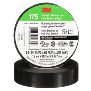 3M 92618, Temflex Vinyl Electrical Tape 175, Black, 3/4 in x 60 ft (19 mm x 18 m), 7 mil, 7100188506