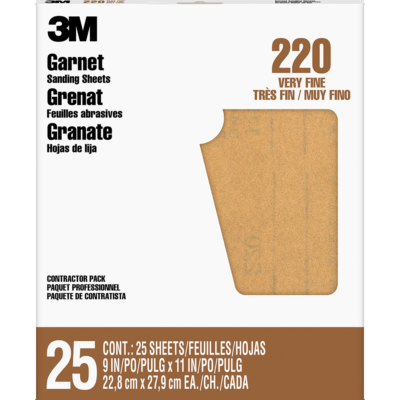 3M 99411, Garnet Sanding Sheets 99411NA, 9 in x 11 in, 220 grit, 7000126420, 25 sheets per pack