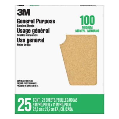 3M 99404, Aluminum Oxide Sandpaper 99404NA, 9 in x 11 in, 100 grit, 7000126419, 25 sheets per pack