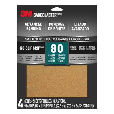 3M 49673, SandBlaster Advanced Sanding Sanding Sheets w/ NO-SLIP GRIP, 20080-G-4, 80 grit, 9 in x 11 in, 7100140802, 4 Per Pack