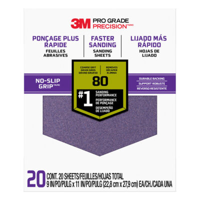 3M 34271, Pro Grade Precision Faster Sanding Sanding Sheets 80 grit Coarse, 27080TRI-20, 9 in x 11 in, 7100149147, 20 Per Pack