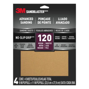 3M 49676, SandBlaster ADVANCED SANDING Sanding Sheets w/ NO-SLIP GRIP, 20120-G-4, 120 grit, 9 in x 11 in, 7100182908, 4 Per Pack