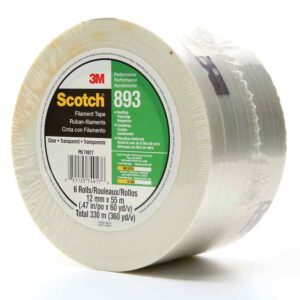 3M 06938, Scotch Filament Tape 893, Clear, 18 mm x 55 m, 6 mil, 48 rolls per case, 7000123805