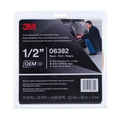 3M 06382, Automotive Acrylic Plus Attachment Tape 06382, Black, 1.12 mm, 1/2 in x 20 yd, 12 Roll/Case, 7000001573